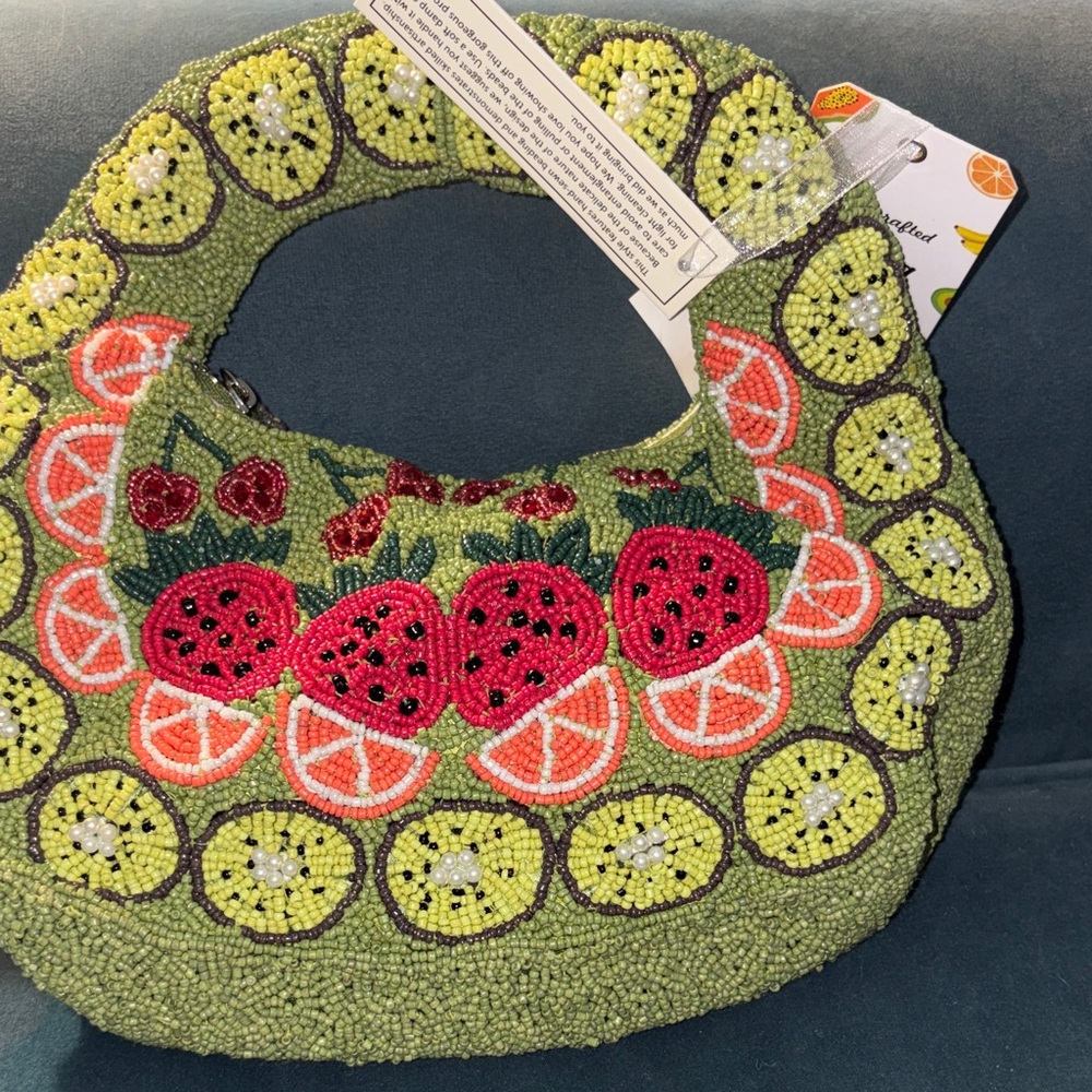 Beaded Fruit Embellished Green Women's Shoulder Bag NWT